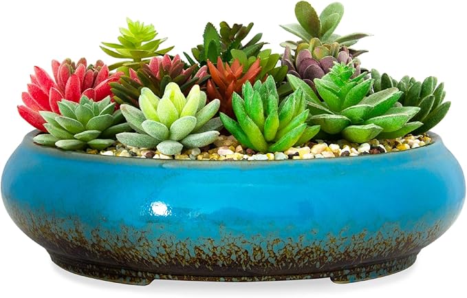 Succulent Pots - 11.5 Inch Ceramic Bonsai Pots with Drainage, Large Shallow Succulent Planters for Indoor Outdoor Plants, Round Glazed Cactus Flower Plant Container Bowl Home Desk Decor(Blue)