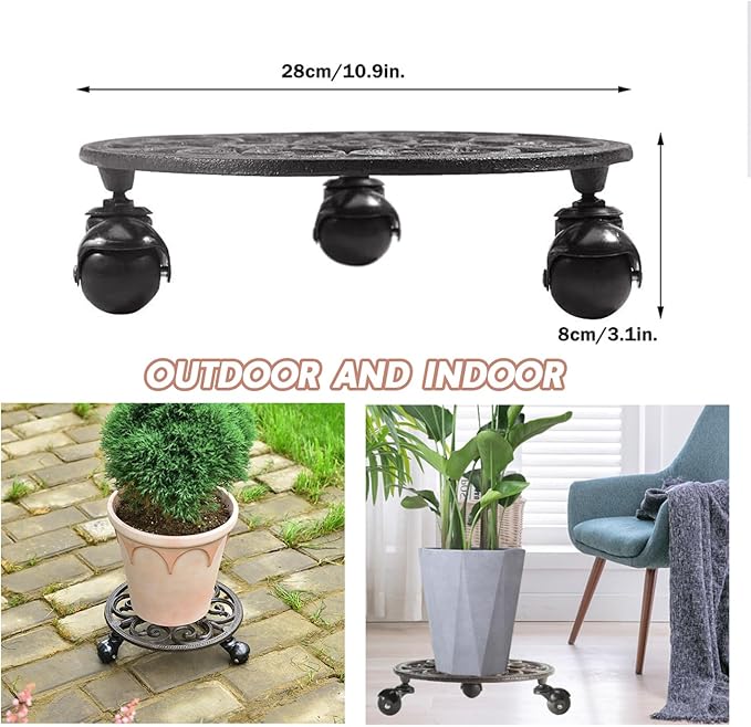 Sungmor Heavy Duty Cast Iron Plant Caddy,11" Round Potted Plant Stand Flower Pot Rack on 3 Solid Wheels,Indoor Outdoor Planter Holder Trolley Casters Rolling Tray