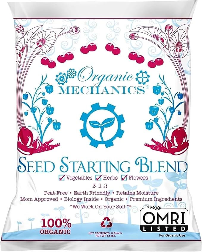 Organic Mechanics Seed Starting Potting Soil Blend, 8 qt (Pack of 4) – Provides Optimal Seed Germination with Coconut Coir, Aged Pine Bark, Rice Hulls, and Worm Castings – Peat-Free & Eco-Friendly