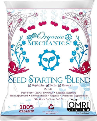 Organic Mechanics Seed Starting Potting Soil Blend, 8 qt (Pack of 4) – Provides Optimal Seed Germination with Coconut Coir, Aged Pine Bark, Rice Hulls, and Worm Castings – Peat-Free & Eco-Friendly
