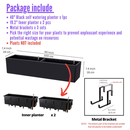 LaLaGreen Rail Planter for Balcony Outdoor (1 Pack, 40 Inch) Large Black Self Watering Railing Planters with Brackets, Rectangular Plastic Window Flower Box Simple Designer Choice with Rattan Pattern