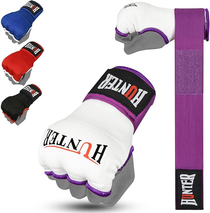 HUNTER Gel Padded Inner Gloves with Hand Wraps for Boxing, Quick Elastic Training Wraps for Men & Women, Muay Thai MMA Kickboxing Martial Arts Knuckle Wrist Protector (Pair)