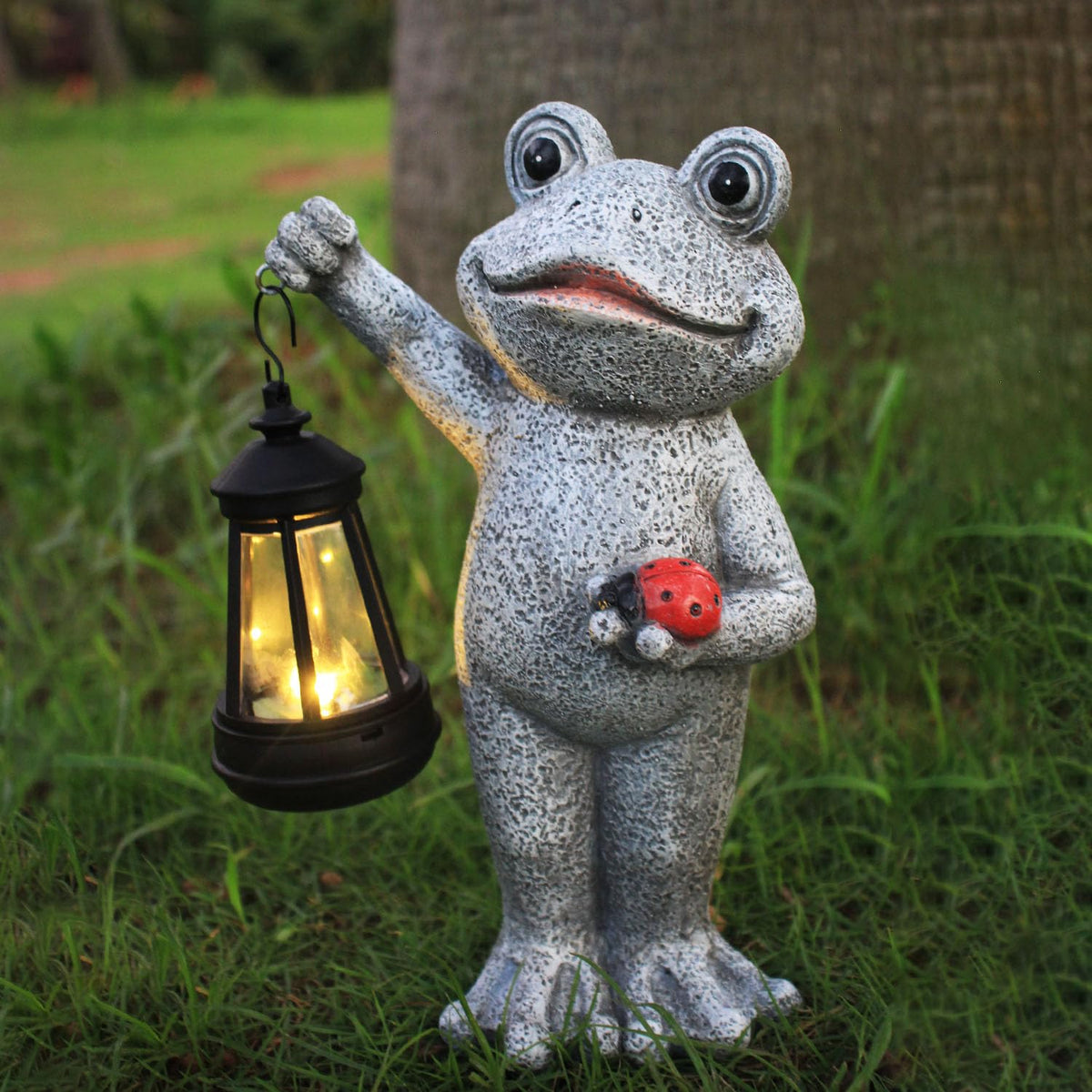 Yewanye Solar Frog Garden Statue, Resin Figurine with Ladybug & Hanging Solar Lantern Outdoor Decor