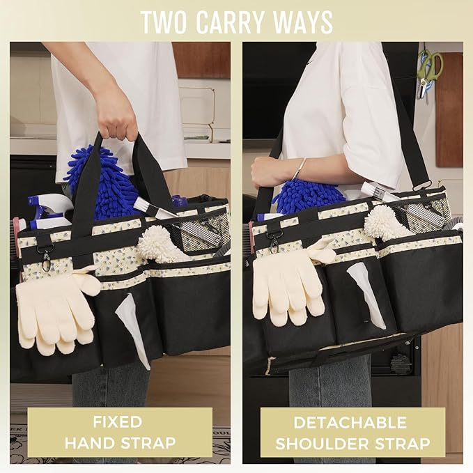 Wearable Cleaning Caddy, Cleaning Caddy Supplies Organizer with Handle & Shoulder Straps for Housekeepers, Under Sink & Car Cleaning Tool Organizers Bag with 4 Foldable Divider (YellowFlower)