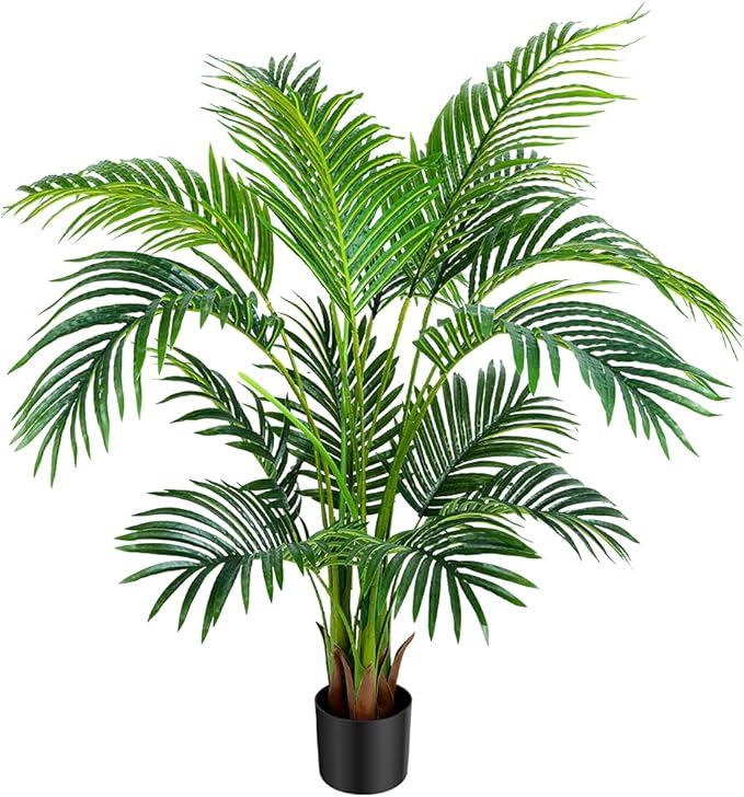 Worth Garden 4ft Artificial Areca Palm Plant, Fake Cane Palm Silk Tree Indoor Outdoor, Dypsis Lutescens, 47in Realistic Faux Silk Plants for Office Decoration