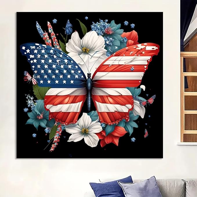 Patriotic Diamond Art Kit for Adults Independence Day Butterfly Diamond Painting Kits for Adult Beginners Full Drill Round 4th of July Diamond Art Painting Kits for Home Wall Decor 13.8x13.8in