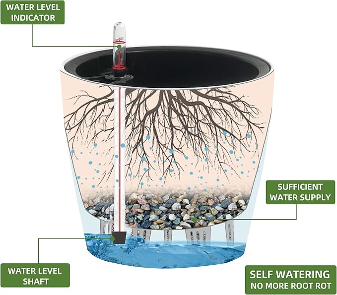 Dexceder 9x8 Inches Self Watering Planter Indoor Outdoor, Inner Pot Design, Thickened Table Flower Plant Pot with Water Level Indicator (Taupe Matte)