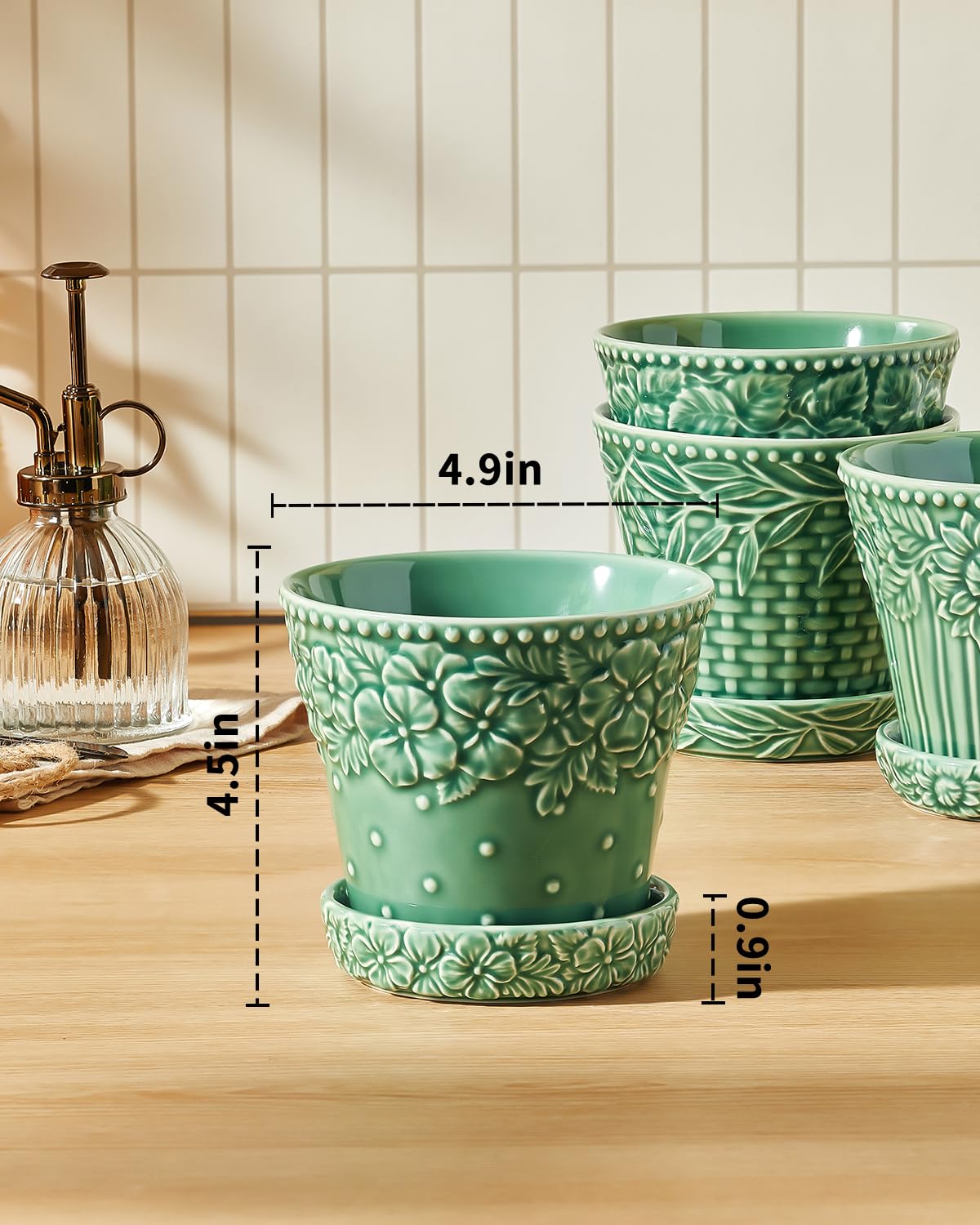 Metahom 4.9 Inch Ceramic Pots for Plants, Flower Pots Set of 4, Green Color