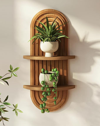 Bamworld Boho Wall Decor Brown Plant Wall Shelf, Mid Century Modern Decor Hanging Plant Shelf, 2-Tier Wooden Floating Shelves for Home, Bathroom Bedroom Living Room, Office Holding Planter Decoration