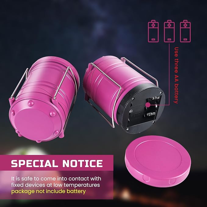 Lichamp LED Camping Lantern, 4 Pack Battery Powered Flashlight for Power Outages, Portable Collapsible Hanging Light Essential for Home, Outdoor, Emergency Lamp Survival Kit Gear for Hurricane, Pink