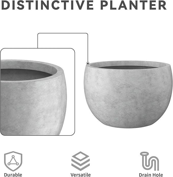 Kante 11.8" Dia Round Concrete Planter, Outdoor/Indoor Large Bowl Plant Pots with Drainage Hole and Rubber Plug for Garden Patio Balcony Home, Natural Concrete