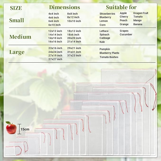 Mesh Fruit Cover Bags Against Birds - 25pcs 4x6 in Protection Bags With String for Trees, Vegetables, Flowers - Netting Away From Bugs