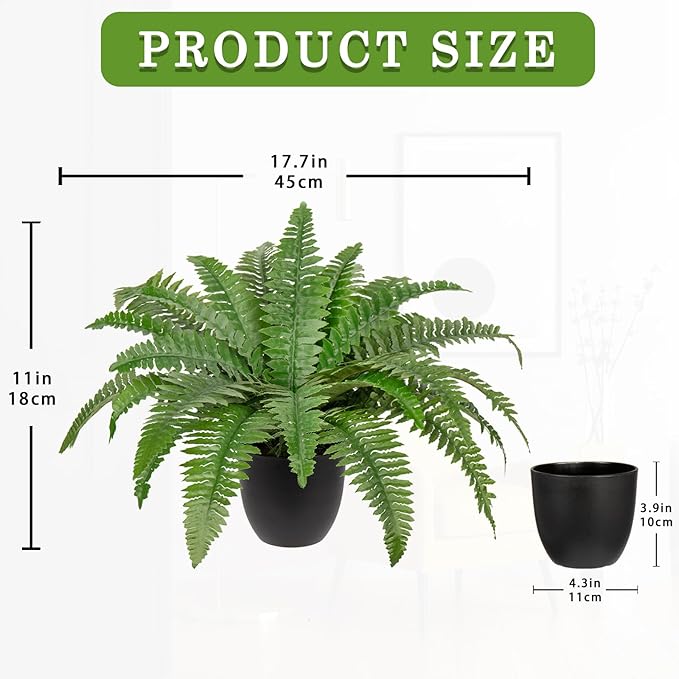 Hollyone 17.7" Fake Fern Potted Plant Small Artificial Boston Ferns in Pot 25 Leaves for Outdoors & Indoor Faux Fern Bush Plant for Patio Garden Farmhouse Windowsill Office Living Room Home Decor