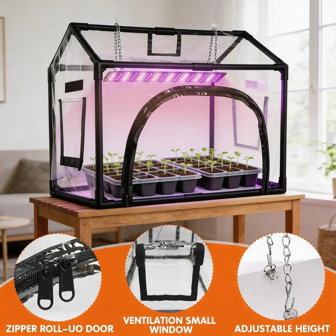 Heliotera Mini Greenhouse with Grow Light for Indoor Seed Starting (Black)