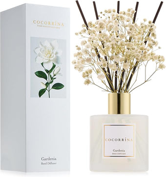 COCORRÍNA Reed Diffuser - Gardenia 6.7 Fl.oz Reed Diffuser Set with Sticks & Preserved Baby's Breath, Reed Diffuser for Home Bathroom Shelf Decor