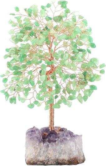 MASGEMES Crystal Tree of Life,Natural Green Aventurine (406 Beads Count) Amethyst Cluster Base, Positive Energy Feng Shui Gem Bonsai Money Tree Good Luck,Gift Size 8.5-9 Inches