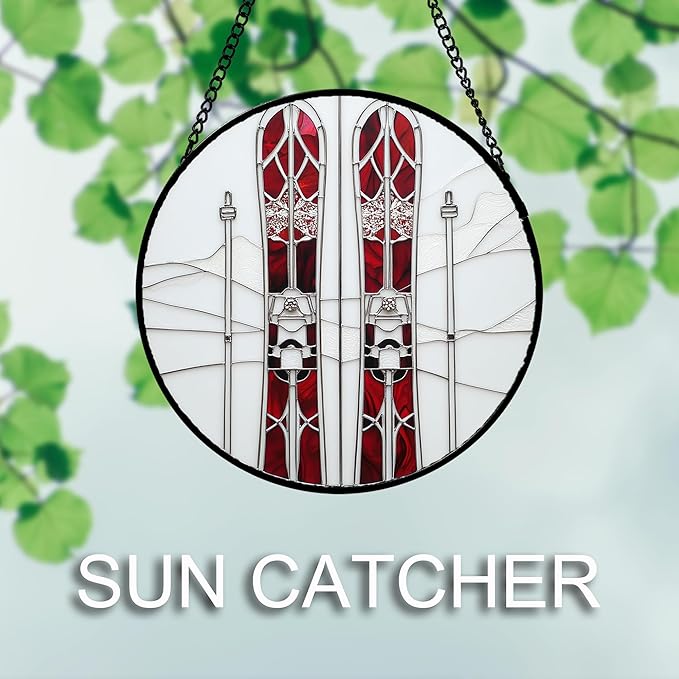 AMDERVEN Stained Glass Window Hanging 4 Pcs Set Winter Skiing Red Christmas House 9.8" - Suncatcher Door Garden Sun Catcher Decor Birthday Mother's Day for Mom Woman Nana Friend