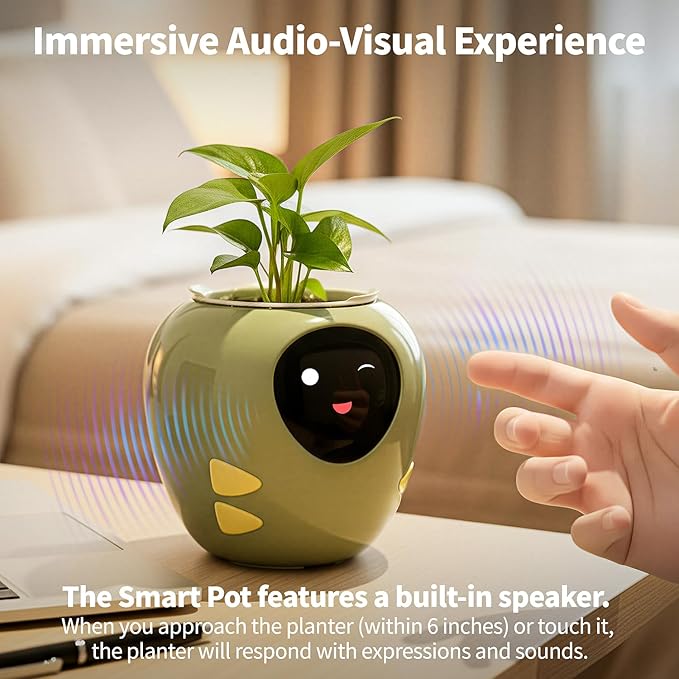 Plantbot Upgraded Large Smart Flower Pot Pet Planter Robot with Artificial Intelligence, Time Temperature Display, and Numerous Expressive Animations Based, for Indoor Decoration, Gifts (White)