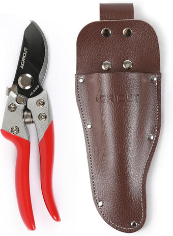 AGRICUT Pruner and Leather Holster - 1 Inch Cut Capacity Hand Clippers PU Holster for Pruning Shears