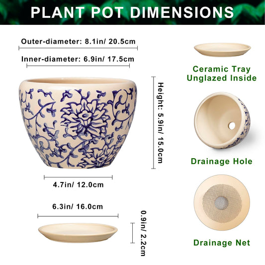 Thirtypot Ceramic Pots for Plants - 8 Inch Plant Pot with Drainage Hole and Saucer, Modern Flower Pots for Indoor Outdoor Plants, Round Decorative Planter, Bedroom Decor, Plant Lover Gift, Retro Blue