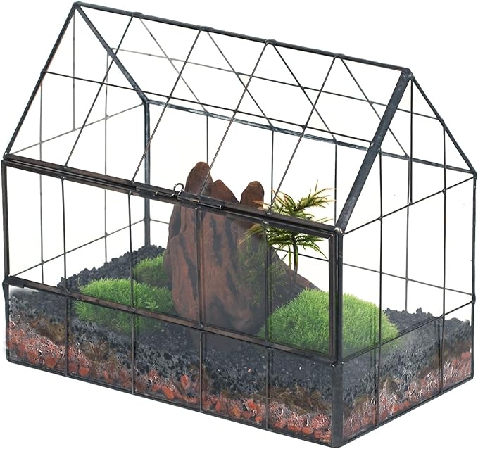 NCYP Geometric Glass Terrarium with Front Opening Door, House Shape Closed Micro Landscape Planter Box for Small Succulent, Cacti - Home Indoor Tabletop Decor, Handmade, Black (No Plants)