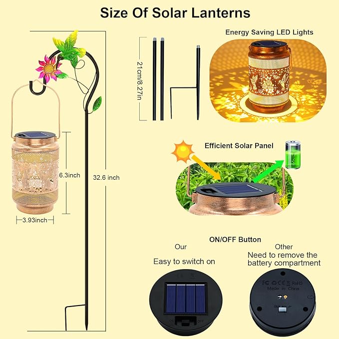 2 Pack Hummingbird Solar Lanterns Outdoor Waterproof Solar Garden Decor, Birthday Gifts for Christmas Women Mom Grandma, Metal Hanging Lights with Shepherd Hook for Yard Patio Pathway Backyard Porch