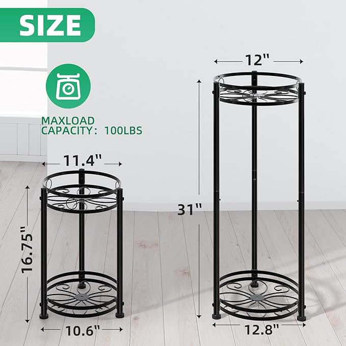 Simple Trending Round Plant Stand Indoor Outdoor, Waterproof Metal Tall 31” Plant Shelf Holder, Heavy Duty Flower Pot Display Rack, 2 Pack, Black