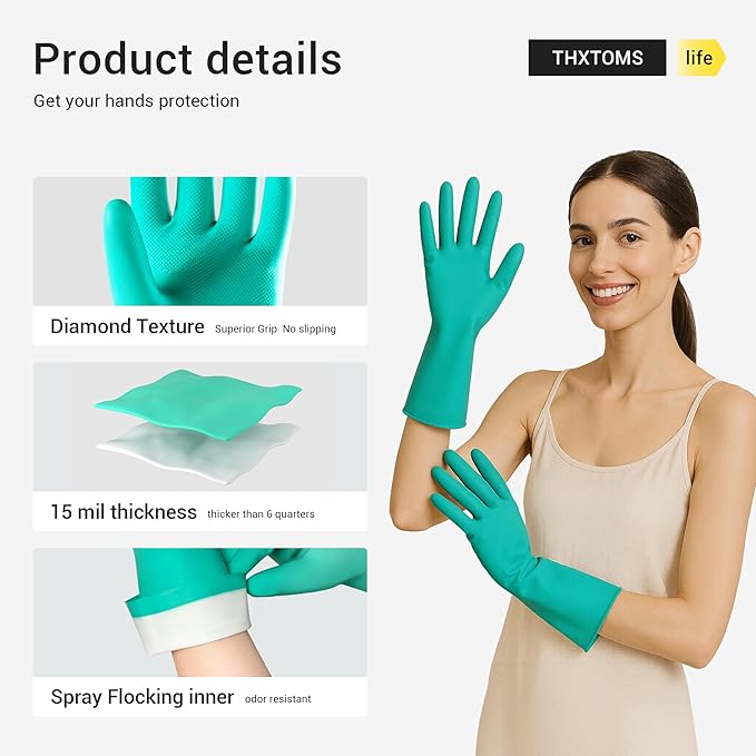 ThxToms 10 Pairs Nitrile Chemical Resistant Gloves, 15mil,13", Reusable Latex Rubber Free Heavy Duty Gloves, Acid Alkali Oil Protection, Industrial Use and Household Cleaning, Non-Slip, X-Large