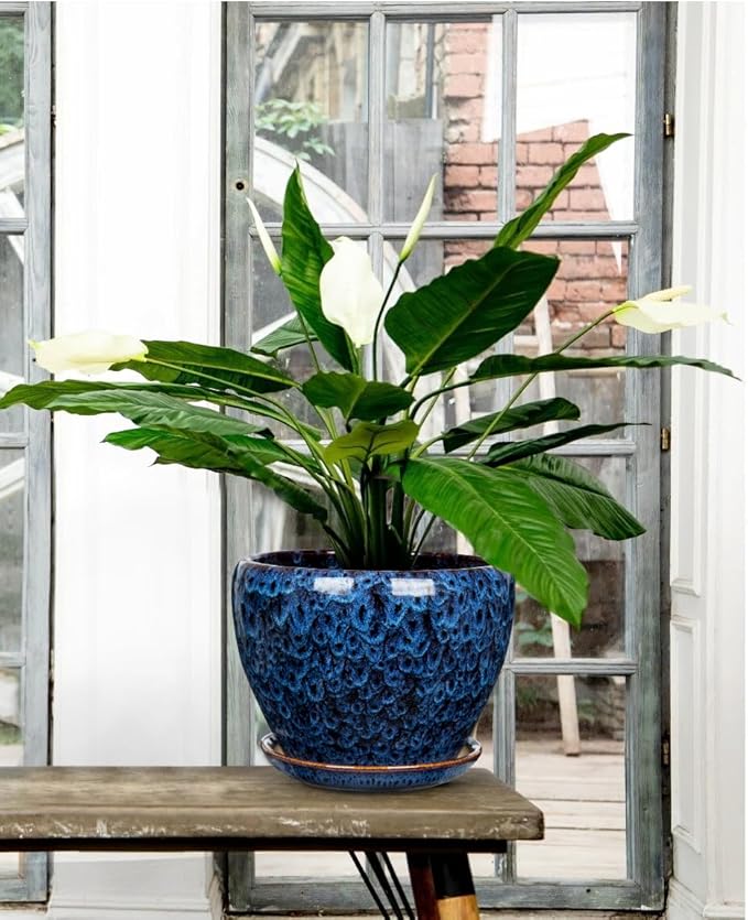 Hollyone 9inch Ceramic Planter Blue Ceramic Plant Pot for Plants Flowers with Drainage Hole and Saucers Ceramic Glaze Round Flower Plant Pot for Indoor Outdoor Large Round Succulent Orchid Flower Pot