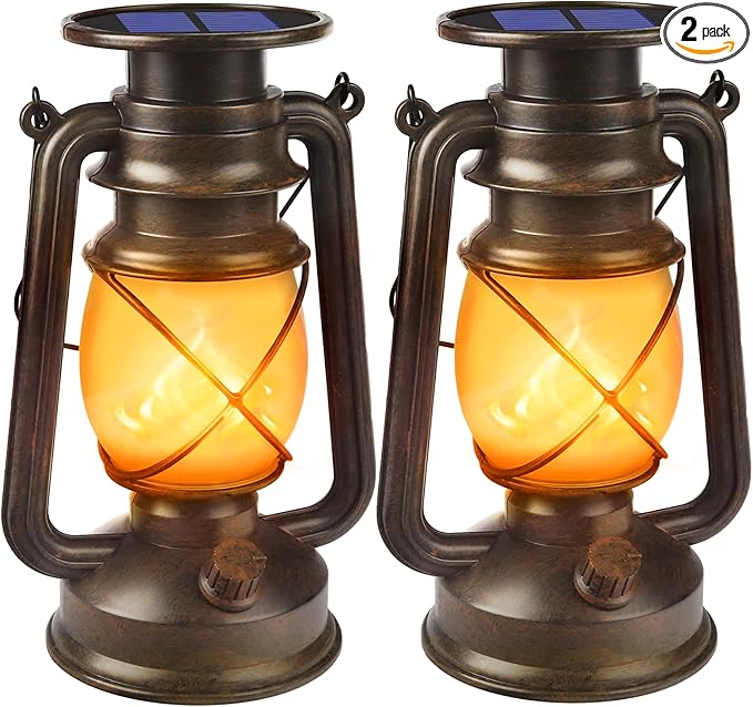 Solar Lanterns Outdoor Waterproof,2 Pack Bronze Vintage Lanterns with Dancing Flame Led Hanging Lights Decor,Lamps for Porch Garden Yard Pathway Camping
