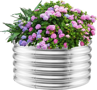 17" Tall Round Outdoor Garden Raised Garden Bed Kits-0.8MM Thick Metal Raised Planter Bed/Ground Planter Box for Variety of Flowers,Herbs,Vegetables,Trees (Silver, 32 Dia X 16.5 inches)