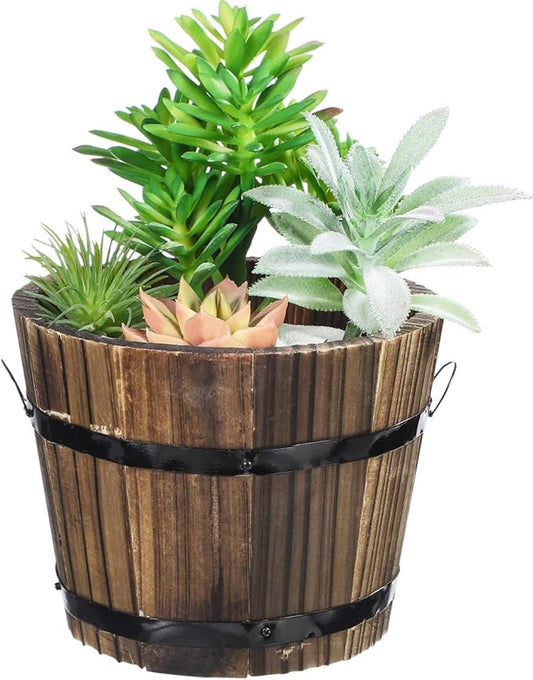 Wooden Round Barrel Planter Flower Pot for Succulents with Permeable Bottom 7.08X7.08X5.9 Inches Indoor Outdoor Home Office Garden D Cor