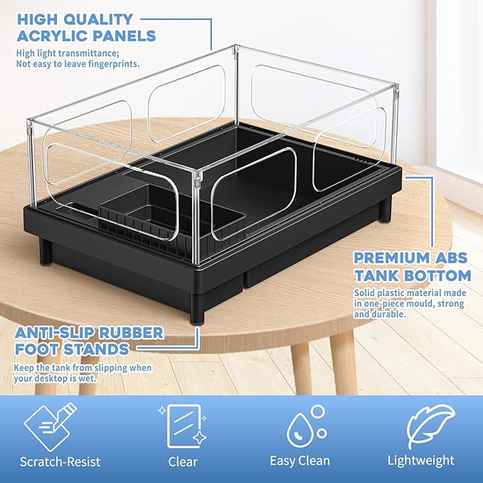 MoonOrange Small Turtle Tank Kit, Acrylic Turtle Tank Starter Kit with Basking Platform, Bottom Drainage, Multi-Function Areas for Turtles, Crabs, Crayfish, Small Reptiles. (Black Kit)