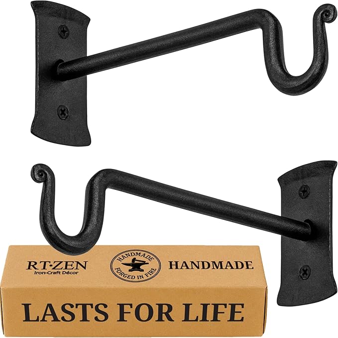RTZEN Plant Hangers Indoor or Outdoor - Wrought Iron Metal Hanger Indoor Hook - Heavy Duty Wall Bracket Hooks for Hanging Plants Baskets Lanterns Wind Chimes - 2 Pack (Black Shepherds Hooks 7.5")