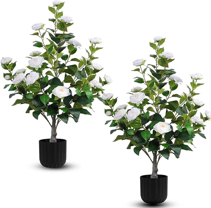 Hananona 2 Pcs Artificial Camellia Trees Faux Camellia Plant in Pot with Flowers Indoor Plants for Spring Home Decor Outdoor Porch Front Door Decor (White, M)