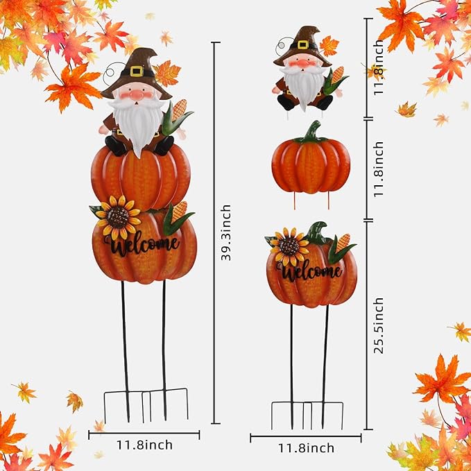 Fall Yard Stakes Large 39.3inch with Gnome and Sunflowers for Thanksgiving Decorations, Metal Pumpkins for Outdoors Garden Patio Harvest Decor