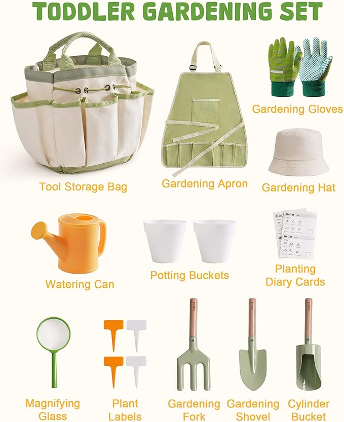 ROBUD Kid Gardening Set, Wooden Garden Tool for Kid, Garden Tool Kit with Tool Storage Bag, Apron, Gloves, Montessori Toys for Kids to be Closed to Nature, WRP25
