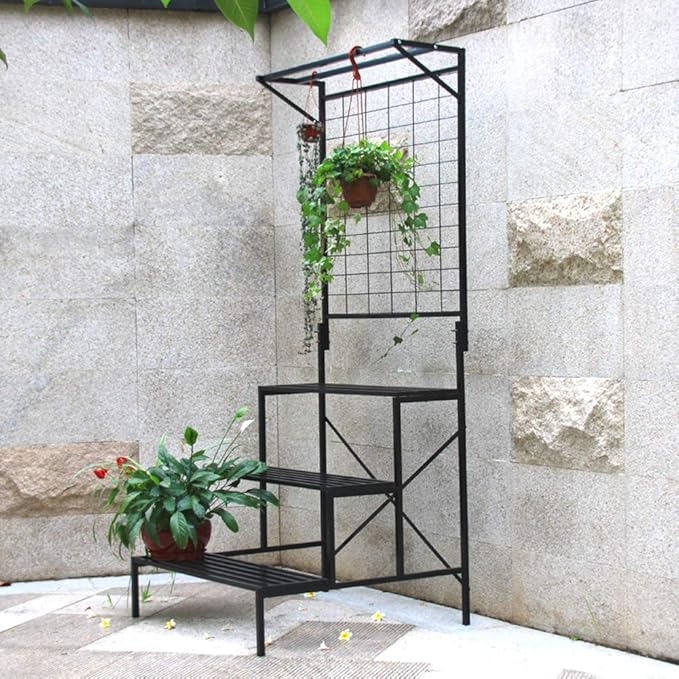 Zhongma 3 Tier Large Heavy Duty Plant Stand with Hanging Plant pot shelf, 35.43 x 33.27 x 78.74, Tall multi layer Plant Holder for Home, Garden, Each Tier: 35.43 L x 10.5W, Easy to Hold Large Plant