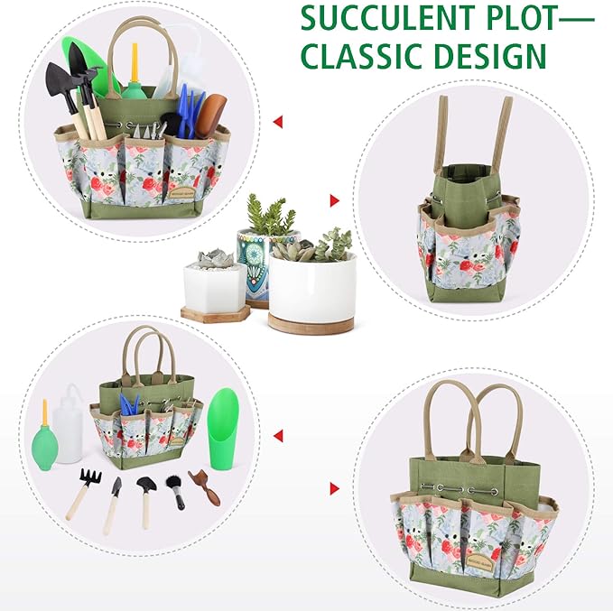 G GOOD GAIN Garden Succulent Kit with Organizer Bag, 15Pieces Succulent Tools, Indoor Mini Hand Gardening Tools Set with Carrier for Bonsai Planter Miniature Fairy Planting Care(Rose)