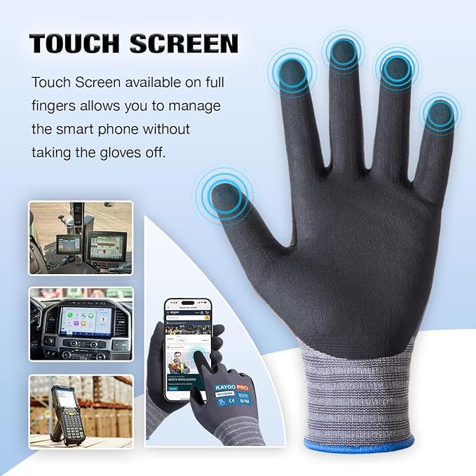 KAYGO Safety Work Gloves MicroFoam Nitrile Coated, 3 Pairs KG18NB,Seamless Knit Nylon Glove with full fingers Touchscreen, Ideal for Automotive,Warehouse,Construction (Small,Gray)