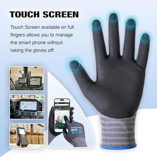 KAYGO Safety Work Gloves MicroFoam Nitrile Coated, 3 Pairs KG18NB,Seamless Knit Nylon Glove with full fingers Touchscreen, Ideal for Automotive,Warehouse,Construction (Small,Gray)