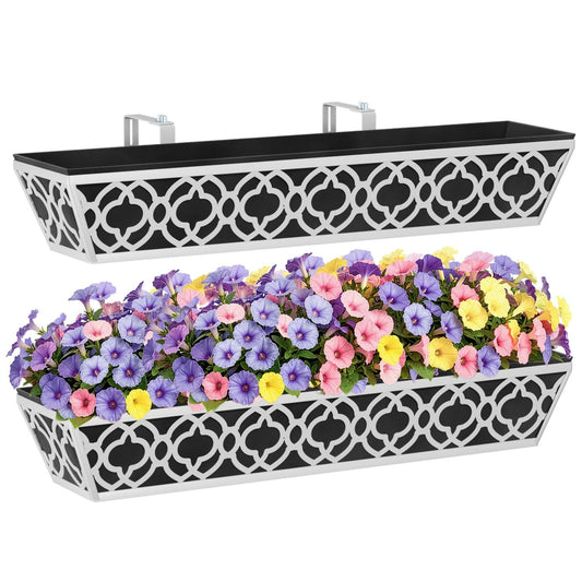 HFHOME 2 Pack 30 Inch Railing Planter Boxes with Adjustable Brackets & Non-Woven Fabric Liner Adjustable Gray Metal Window Box Planter for Balcony Deck Fence, Hanging Flower Basket for Outdoor Garden