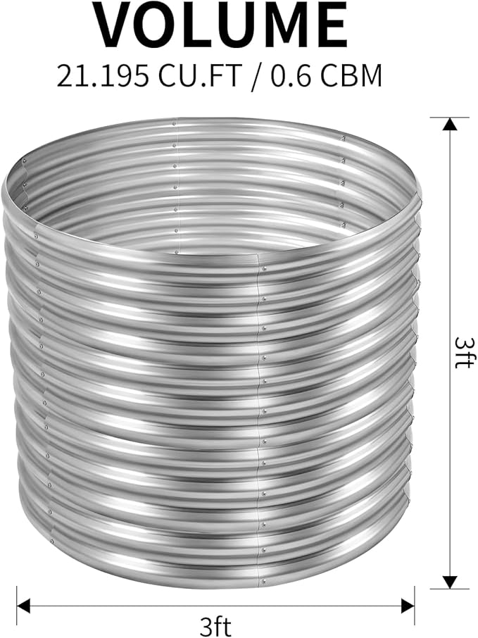 Land Guard 3×3×3ft Galvanized Raised Garden Bed Kit, Round Galvanized Planter Raised Garden Boxes Outdoor, Large Metal Raised Garden Beds for Vegetables, Silver