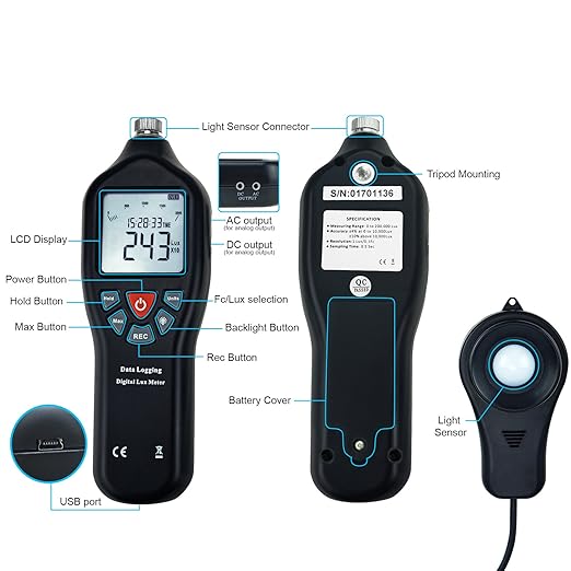 Digital Light Lux Meter with Data Logging FunctionMeasurement Range 0 to 200,000 Lux Auto Ranging Instrument Detachable sensors Used in The Home, Light Pollution Outdoors (Lux Meter w/Data Logging)