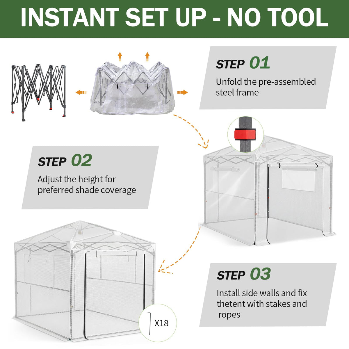 Outvita 6x8ft Greenhouse, Instant Walk-in Pop Up Tent Greenhouse for Indoor Outdoor Gardening Easy Setup Shelter with Roll-up Zipper Entry Doors and Windows