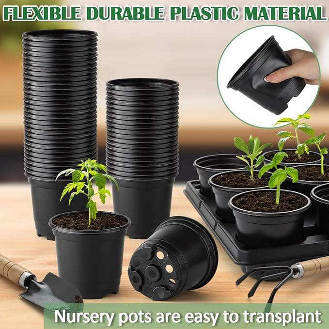 RooTrimmer 4 Inch Plastic Plant Pots 60 Pcs and 12 Cell Nursery Pots Trays 5 Pcs, Thick Sturdy Seeds Starting Germination Shuttle Carrying Trays, Black Small Planter Nursery Propagation 5 Sets