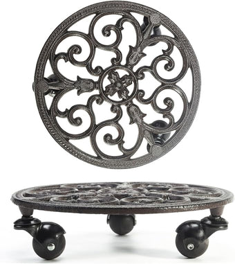 Sungmor Heavy Duty Cast Iron Plant Caddy, Set of 2 & 11 Inch Round Potted Plant Stand Flower Pot Rack on 3 Solid Wheels, Indoor Outdoor Planter Holder Trolley Casters Rolling Tray