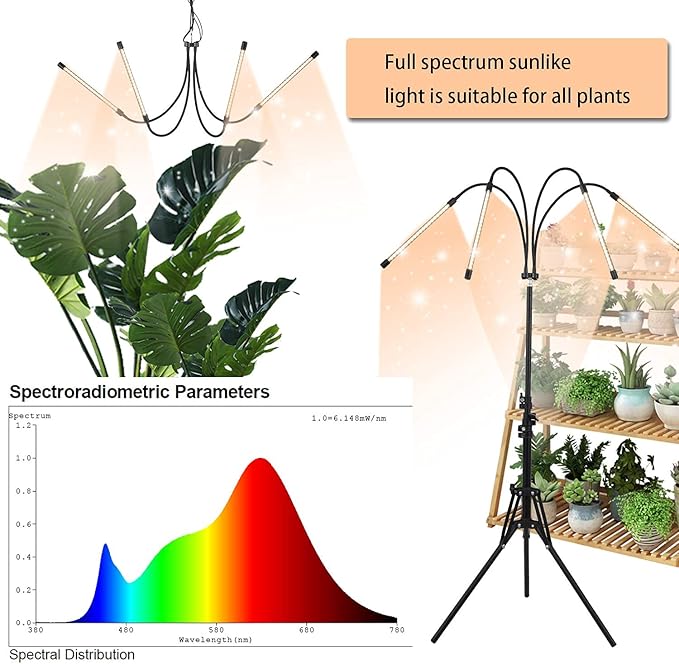 LED Plant Grow Light with Stand, LED Grow Light Full Spectrum for Indoor Plants,10 Dimmable Levels,3 Modes Timing,Tripod Adjustable 15-72 inch.