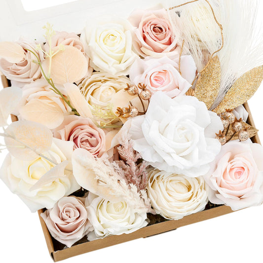 Ling's moment Fake Flowers Box, White & Beige Grand Combo