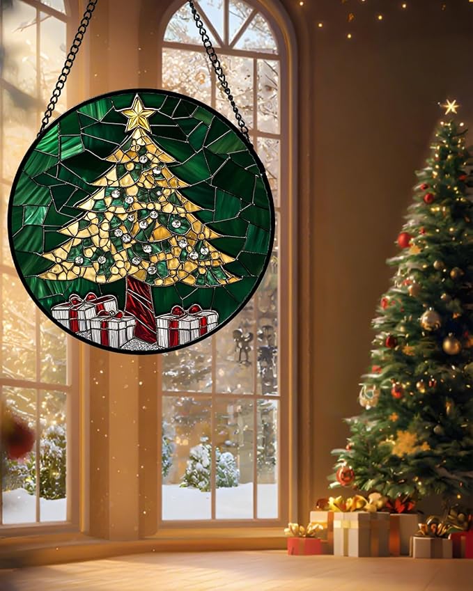 HWRHTR Stained Glass Window Hanging - Gold Green Christmas Tree Suncatcher for Doors Home Christmas Decoration Winter Sun Catcher Thanksgiving New Year Birthday Gifts for Women Men Mom Nana 7.8 in